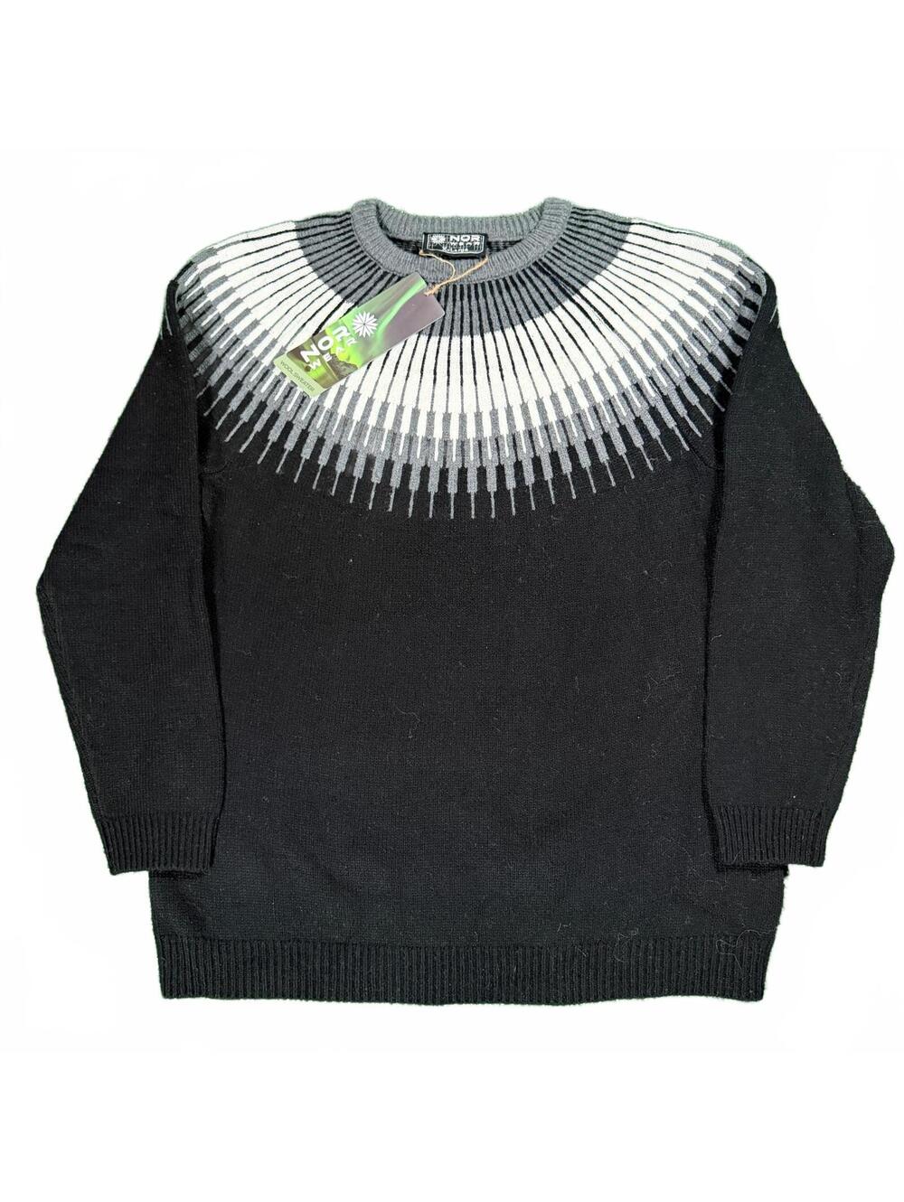 Nor Wear Men's Large Wool Knit Crew Neck Sweater Black with Grey and White Yoke